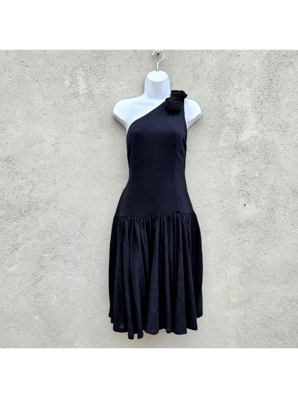 Vintage Georges Rech Paris Black One Shoulder Drop Waist Dress Rosette S